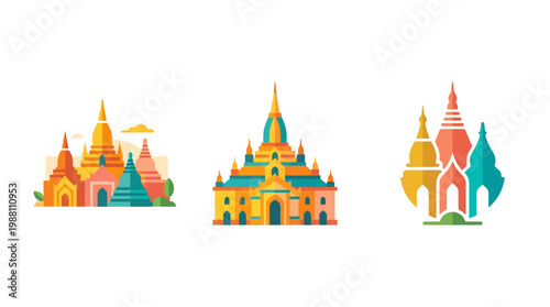 Colorful Flat Style Myanmar Pagodas Set