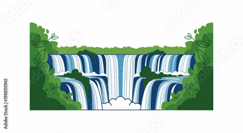 A cascading waterfall plunges into a river surrounded by lush green foliage