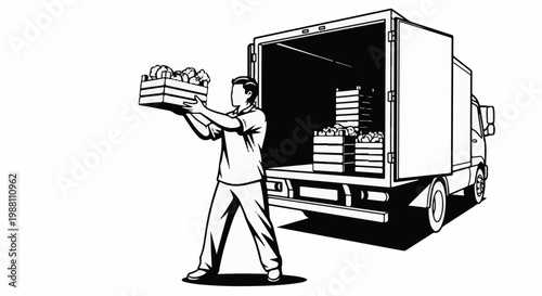 A man unloads crates of produce from a delivery truck