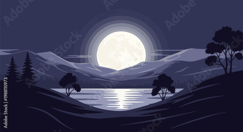 Pixel art night scene with a large moon over mountains and water