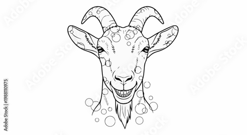 A cartoon-style goat's head with large horns and a wide smile, surrounded by bubbles