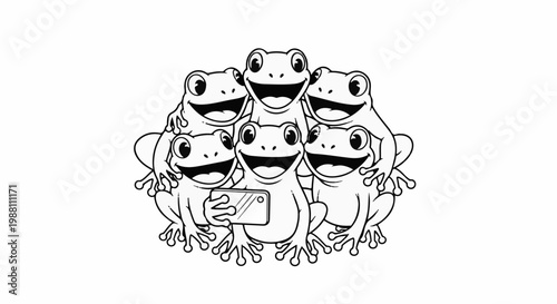 Six happy frogs pose for a selfie using a mobile phone
