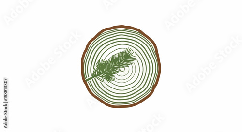 Stylized tree ring cross-section with green pine sprig