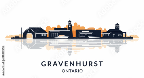 Stylized waterfront town skyline reflection with boats and buildings