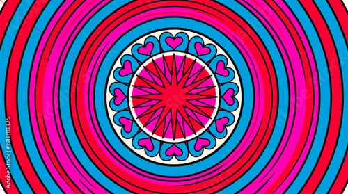 Geometric Sun and Heart Shaped Flower Petals with Circular Grooves Pop Surrealism Flat Illustration with Bold Outlines