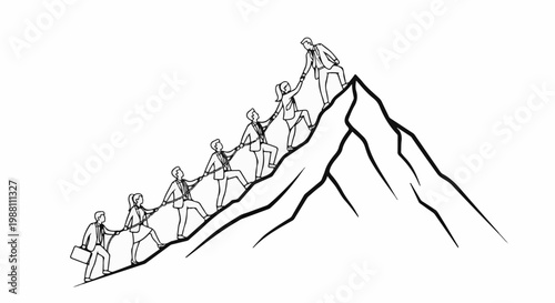 Teamwork ascends a mountain peak, with individuals pulling each other up