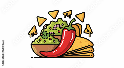 Vibrant illustration of guacamole, tortilla chips, and a chili pepper