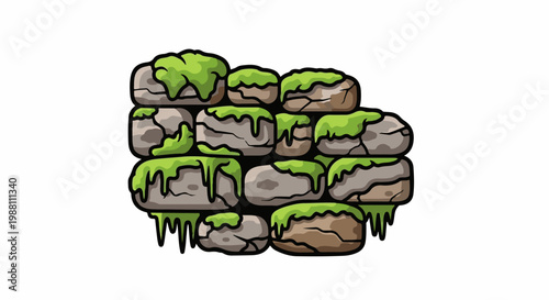 Weathered stone wall covered in vibrant green moss and drips