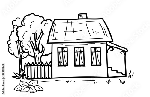 A rustic house with a fence and bushes, a hand-drawn sketch. Vector illustration. Cottage with porch and isolated tree on a white background