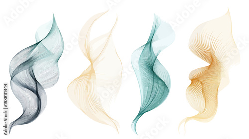 Artistic abstract watercolor elements. Four swirled, ethereal shapes in pastel colors on white backdrop
