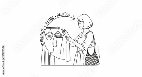 Woman selects garments on hangers within a reduce, reuse, recycle graphic