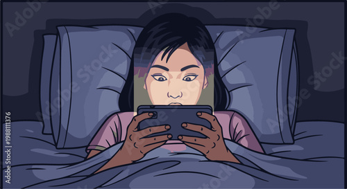 Woman in bed at night engrossed in her phone, illuminated by screen glow