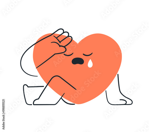 Sad upset heart character crying, weeping. Unrequited love, loneliness, relationship problem, negative concept. Heartbroken valentine in despair. Flat vector illustration isolated on white background