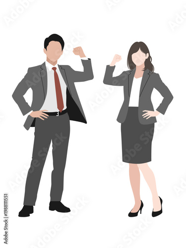 腰に手を当てガッツポーズをしている男女のビジネスパーソン ベクター やる気 白背景