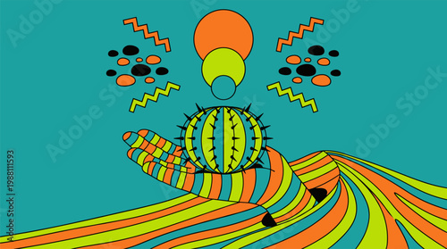 Surreal Desert Scene with Giant Hand and Triple Suns Pop Surrealism Flat Illustration with Bold Outlines and Vibrant Shapes