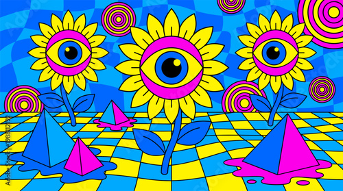 Surreal Eyeball Sunflowers and Melting Pyramids Over Checkerboard Ground Pop Surrealism Flat Illustration with Bold Outlines