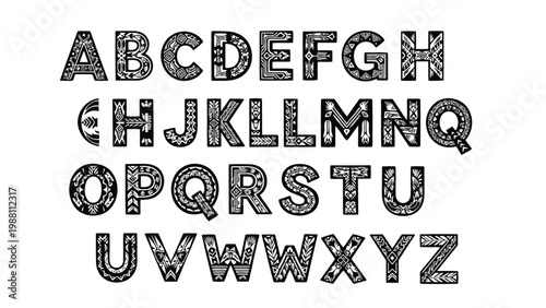 Intricate patterned alphabet font displaying all uppercase letters from a to z Vector