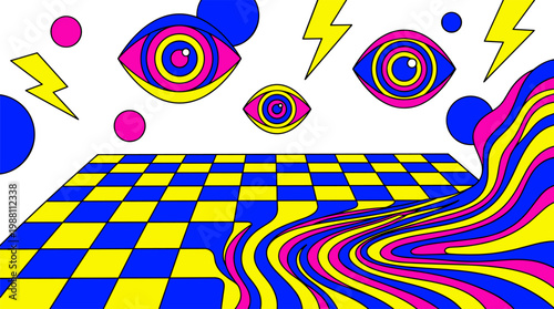 Melting Checkerboard Landscape with Floating Geometric Eyes Pop Surrealism Flat Illustration with Bold Outlines