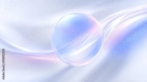 Translucent sphere reflects soft light on flowing pastel ribbons.