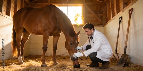 A veterinarian examines a horse's hoof in a barn with a stethoscope