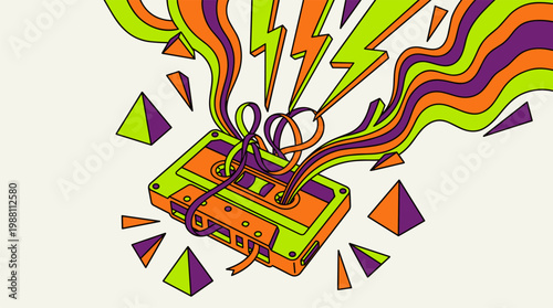 Retro Cassette Tape with Unspooled Ribbon and Geometric Shapes Pop Surrealism Flat Illustration with Bold Outlines