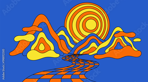 Floating Organic Blobs and Concentric Wavy Mountain Landscape Pop Surrealism Flat Illustration with Bold Outlines