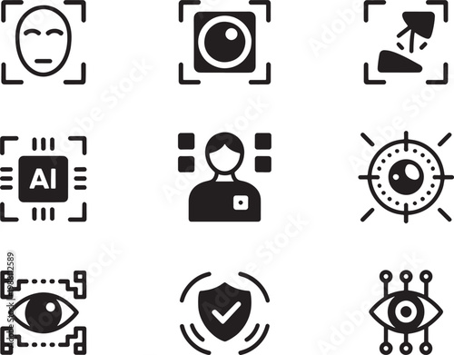 Biometric identification icons featuring facial scanning and digital security protocols are presented in a structured grid to illustrate advanced identity verification and user authentication.