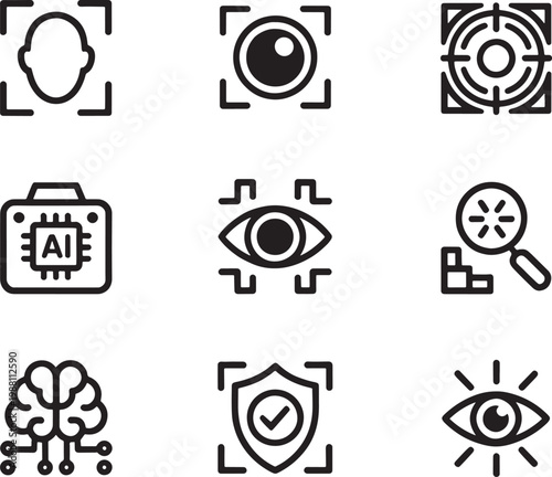 Security icons depicting facial recognition and artificial intelligence surveillance systems are arranged in a precise grid to highlight modern biometric authentication and digital monitoring.
