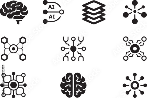 A compilation of nine minimalist icons that visually represent artificial intelligence, neural networks, and complex data structures with a clear, vector-based aesthetic.