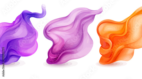 Three abstract flowing fabric designs in shades of purple and orange on white background