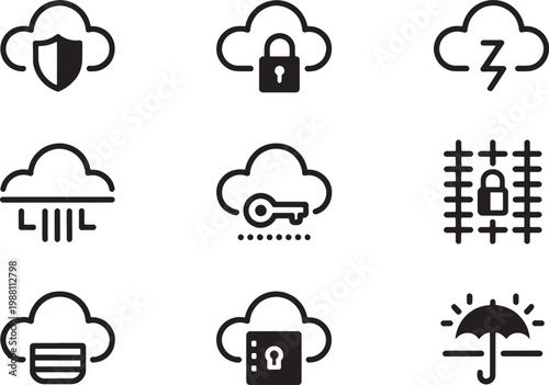 A collection of cloud computing icons depicting various security features, including protection shields, locked data, key access, and weather-related analogies for data integrity.