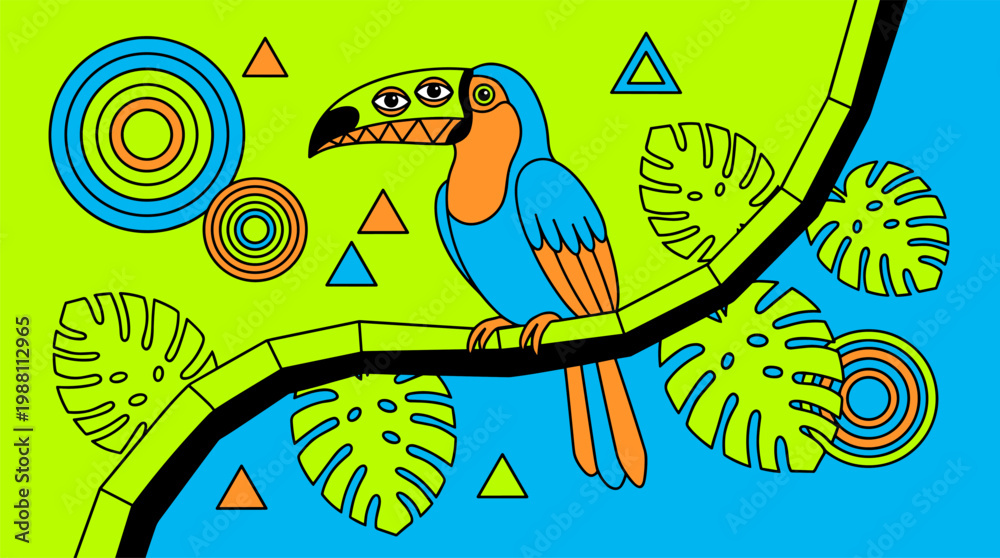 Obraz premium Three Eyed Toucan on Geometric Jungle Leaves Pop Surrealism Flat Illustration with Bold Outlines
