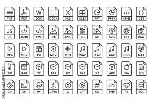 Icons of various file formats including document, audio, video, image, and compression types.