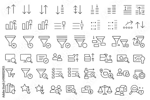 Business icons set: charts, filters, communication, analysis, rating.