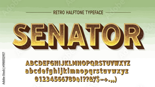 Vintage halftone retro typeface showcasing the word senator and alphabet characters Vector