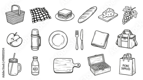 A collection of hand-drawn illustrations depicting various items commonly associated with a picnic outing.