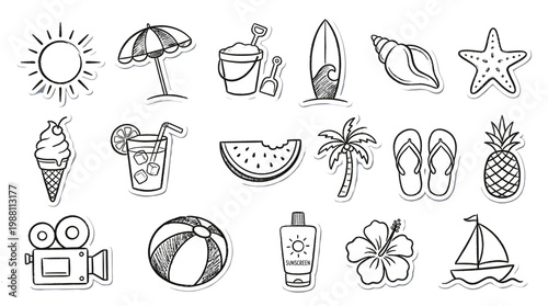 A collection of hand-drawn summer vacation icons including a sun, umbrella, surfboard, ice cream, and beach ball.