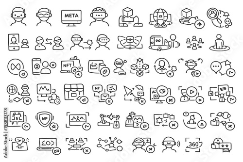 Icon set illustrating concepts of virtual reality, blockchain, and digital interaction technology.