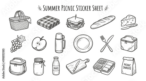 A charming hand-drawn illustration of a summer picnic sticker sheet featuring various food items and accessories.