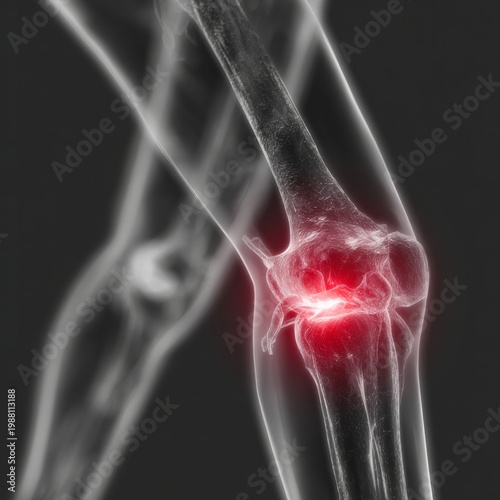 3D medical illustration of inflamed elbow joint with pain.
