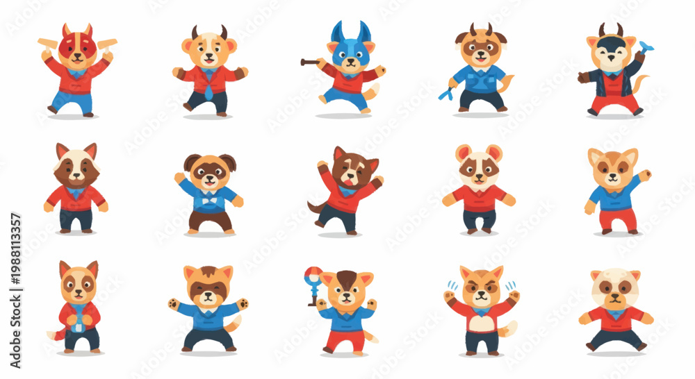 Fototapeta premium Cartoon bears in various superhero poses.