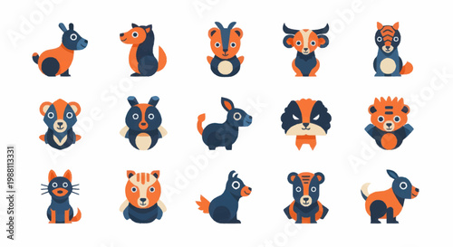Photography Cartoon animal faces in orange blue.