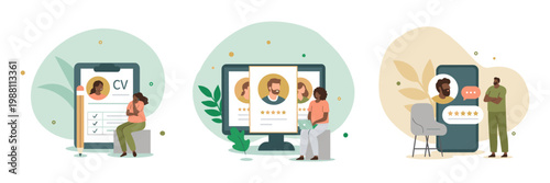 Online profiles and social networking interface with people and avatars social network interface smartphone computer connection communication recruitment application information illustration