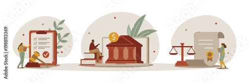 Legal system concepts with law and justice illustrations legal advice law office services opinion rights and responsibilities proceedings aid document management