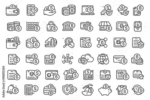 Finance and banking icons set illustrating money, savings, investment, and cryptocurrency.