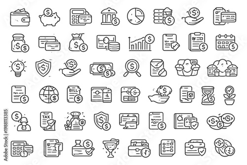 Financial and business icons set illustrating diverse economic concepts.