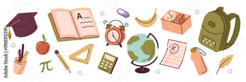 Collection of school supplies and educational items with alarm clock graduation cap pencil holder back to school educational materials learning tools equipment study aids classroom item