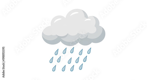Cartoon rain cloud with falling raindrops illustration.