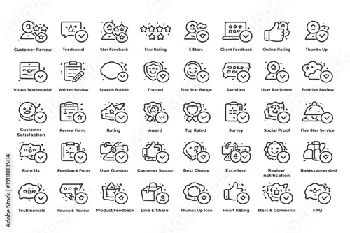 Customer feedback and rating icons set featuring testimonials and satisfaction indicators.