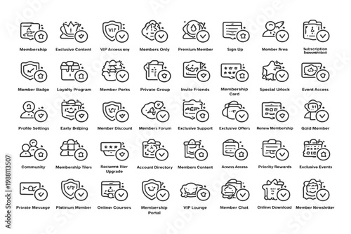 Set of membership icons: access, perks, loyalty programs, and event exclusivity.